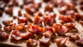 cooked bacon bits on wooden chopping board