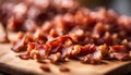 cooked bacon bits on wooden chopping board