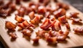 cooked bacon bits on wooden chopping board