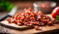 cooked bacon bits on wooden chopping board