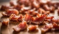 cooked bacon bits on wooden chopping board
