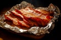 Cooked bacon rashers on parchment. Generative AI