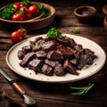 A cooked beef liver on the wooden table close-up