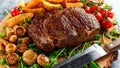 Cooked Beef Ribeye Steak with Potato, Mushrooms, tomatoes on wooden board. Royalty Free Stock Photo