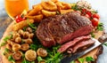 Cooked Beef Ribeye Steak with Potato, Mushrooms, tomatoes on wooden board. Royalty Free Stock Photo