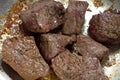 Cooked beef sirloin tips in frying pan