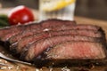 Cooked beef steak sliced medium rare close-up