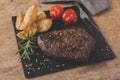 Cooked beef steak sliced medium rare close-up