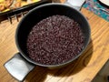 Cooked Black Rice, Wild Rice in Pan. Ready to Eat. Forbidden Rice Royalty Free Stock Photo