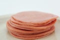 Cooked boiled ham sausage or rolled bologna slices Royalty Free Stock Photo