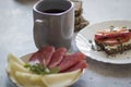 Cooked breakfast with coffee and sandwich. Royalty Free Stock Photo