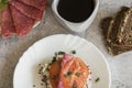 Cooked breakfast with coffee and sandwich. Royalty Free Stock Photo