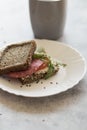 Cooked breakfast with coffee and sandwich. Royalty Free Stock Photo