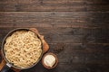 Cooked cacio pepe pasta on wooden background with copy space