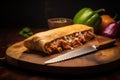 a cooked chalupa with a sharp knife Royalty Free Stock Photo