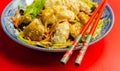 Cooked chicken breast pieces with savory garlic and ginger soy sauce and noodles, black fungus mushrooms, savoy cabbage, and