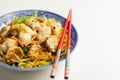 Cooked chicken breast pieces with savory garlic and ginger soy sauce and noodles, black fungus mushrooms, savoy cabbage, and