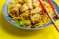 Cooked chicken breast pieces with savory garlic and ginger soy sauce and noodles, black fungus mushrooms, savoy cabbage, and