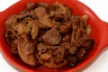 cooked chicken livers, gizzards and hearts, selective focus of fresh liver, gizzard and heart of chickens full of protein in a