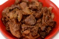 cooked chicken livers, gizzards and hearts, selective focus of fresh liver, gizzard and heart of chickens full of protein in a Royalty Free Stock Photo