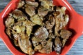 cooked chicken livers, gizzards and hearts, selective focus of fresh liver, gizzard and heart of chickens full of protein in a Royalty Free Stock Photo