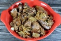 cooked chicken livers, gizzards and hearts, selective focus of fresh liver, gizzard and heart of chickens full of protein in a