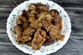 cooked chicken livers, gizzards and hearts, selective focus of fresh liver, gizzard and heart of chickens full of protein in a Royalty Free Stock Photo