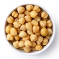 Cooked chickpeas in white bowl.