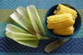 Cooked corn cobs inside blue bowl.