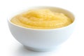 Cooked cornmeal polenta in white ceramic bowl. Royalty Free Stock Photo