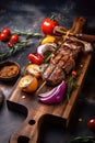 Cooked delicious realistic shish kebab on a skewer and grilled baked vegetables in close-up on an oak board in the form. Realistic