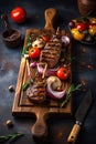 Cooked delicious realistic shish kebab on a skewer and grilled baked vegetables in close-up on an oak board in the form,