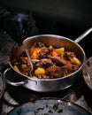 Cooked dish with meat, potatoes and vegetables in a pot Royalty Free Stock Photo