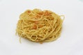 Cooked egg noodles with fried galic