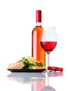 Cooked Fish with Bottle and Glass Rose Wine on White Background Royalty Free Stock Photo