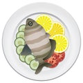 Cooked fish and raw vegetables