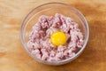 Cooked fresh mince for dish with raw egg lie in a plate