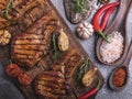 Cooked grilled meat pork, beef, chop on bone, on cutting board, spices, tomato, garlic, rosemary Royalty Free Stock Photo
