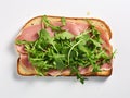Cooked ham on a rectangular piece of bread spread with avocado purÃ©e Royalty Free Stock Photo