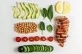 Cooked Ingredients for Dietary salad with chicken, avocado, cucumber, tomato and spinach Royalty Free Stock Photo