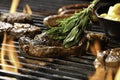 Cooked juicy steak meat beef brushed with rosemary on a flaming grill Royalty Free Stock Photo