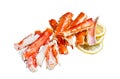 Cooked King Crab legs meat Isolated on white background, top view.