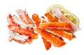 Cooked King Crab legs meat Isolated on white background, top view.