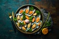 Cooked large green mussels with garlic, parsley and lemon on a metal tray. Seafood. Royalty Free Stock Photo