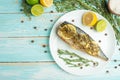 Cooked mackerel on a white plate with spices, herbs, lemon, lime and salt. Top view, space for copying, or menu