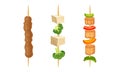 Cooked Meat and Vegetables on Skewers or Wooden Sticks Vector Set