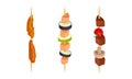 Cooked Meat and Vegetables on Skewers or Wooden Sticks Vector Set