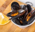 Cooked mussels in a bowl with lemon Royalty Free Stock Photo