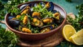 Cooked mussels, lemon, parsley in a cuisine cooking culinary clam meal rustic delicious Royalty Free Stock Photo