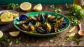 Cooked mussels, lemon, parsley in a eating cooking culinary clam meal rustic delicious Royalty Free Stock Photo